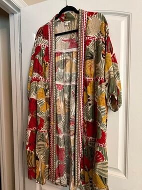 Cato Floral Open Front Kimono Jacket - Red, Yellow & Green
